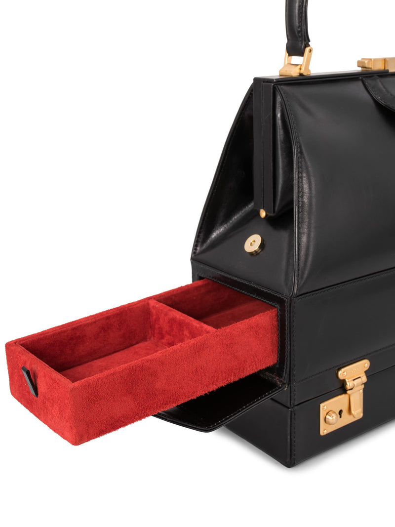 Gucci Vintage Leather Top Handle Drawers Structured Bag Black-designer resale