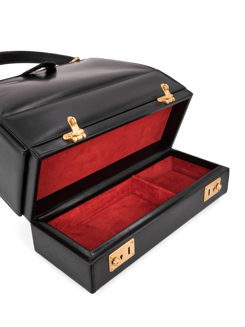 Gucci Vintage Leather Top Handle Drawers Structured Bag Black-designer resale