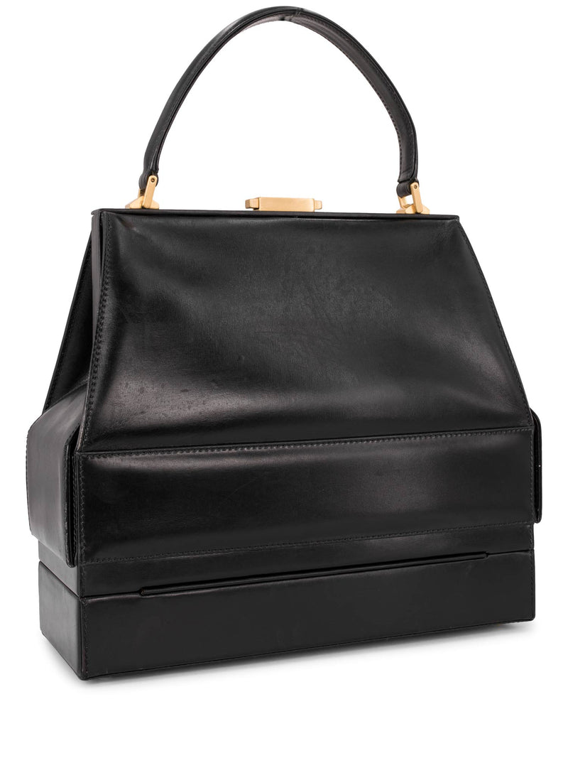Gucci Vintage Leather Top Handle Drawers Structured Bag Black-designer resale