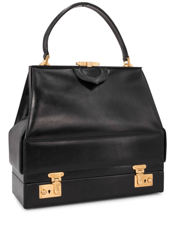 Gucci Vintage Leather Top Handle Drawers Structured Bag Black-designer resale