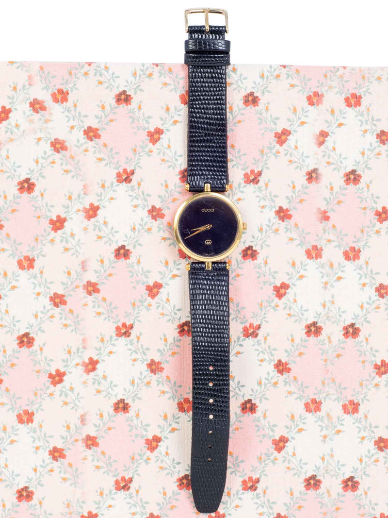 Gucci Vintage Lizard Leather Monogram Watch Black Gold-designer resale