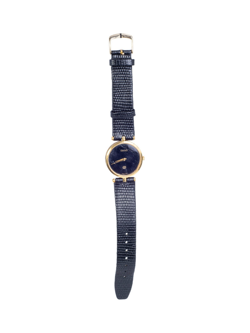 Gucci Vintage Lizard Leather Monogram Watch Black Gold-designer resale