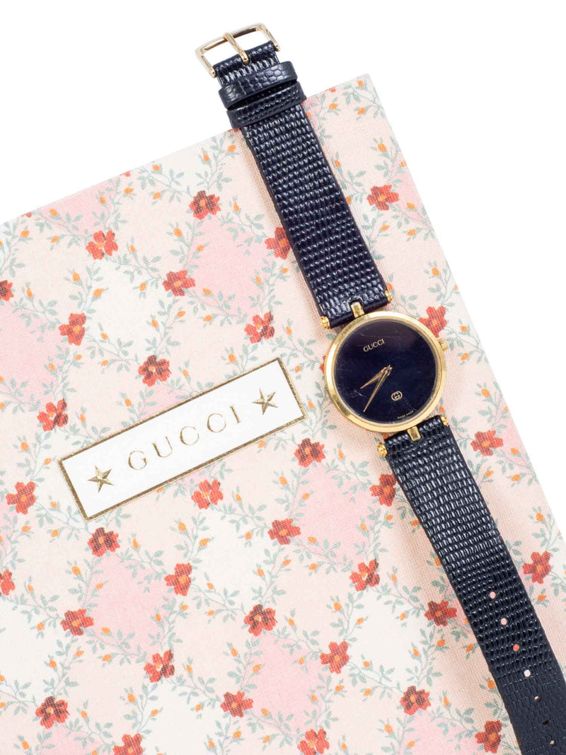 Gucci Vintage Lizard Leather Monogram Watch Black Gold-designer resale