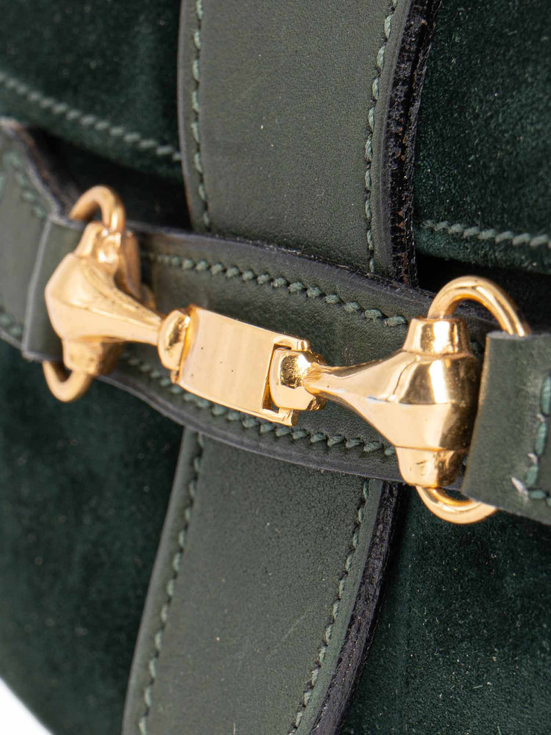 Gucci Vintage Suede Horsebit Flap Clutch Green-designer resale