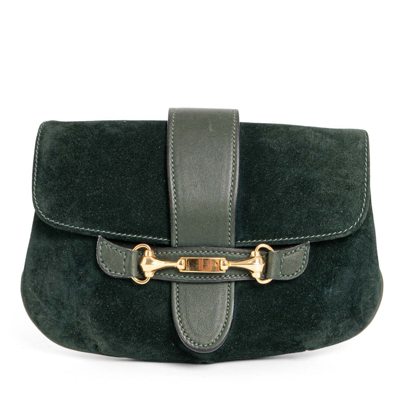 Gucci Vintage Suede Horsebit Flap Clutch Green-designer resale
