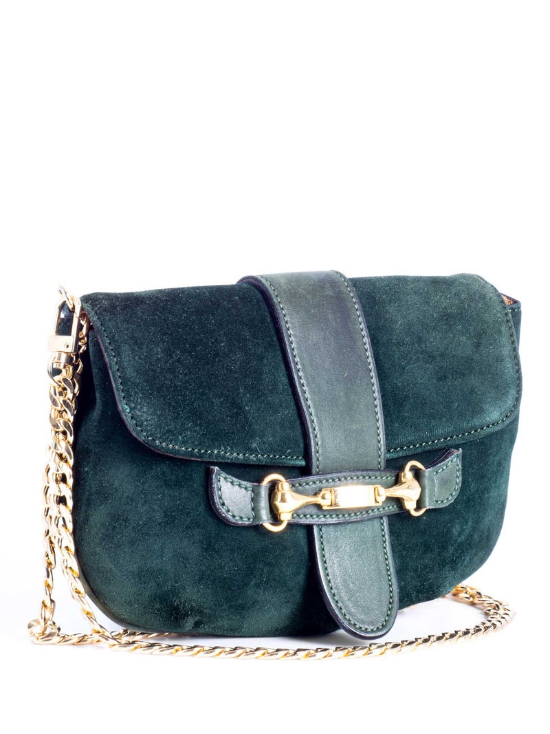 Gucci Vintage Suede Horsebit Flap Messenger Bag Green-designer resale