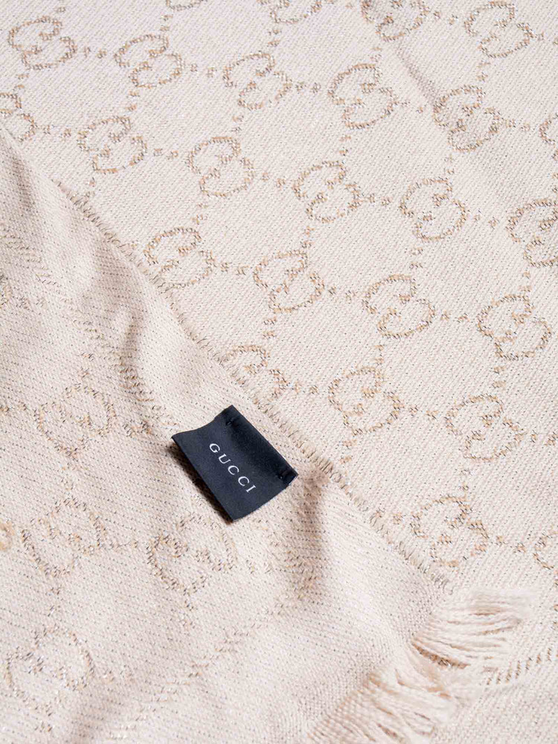 Gucci Wool GG Supreme Monogram Fringe Scarf Taupe-designer resale