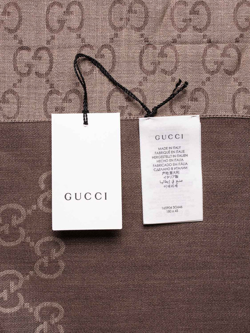 Gucci Wool Silk GG Supreme Monogram Fringe Scarf Brown Taupe