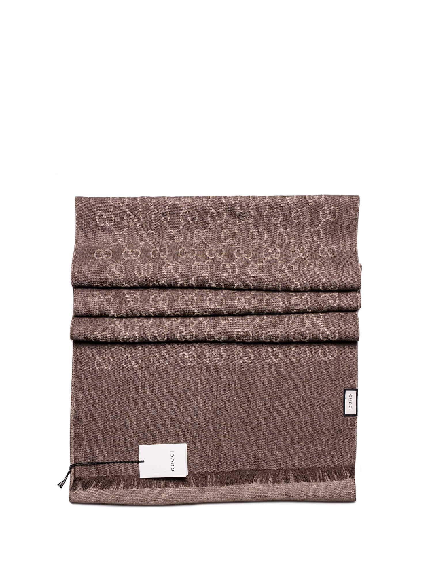 Gucci Wool Silk GG Supreme Monogram Fringe Scarf Brown Taupe-designer resale