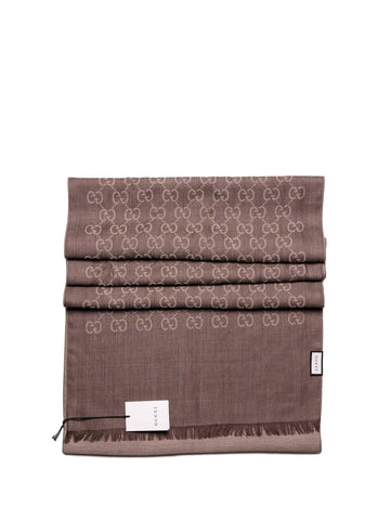 Gucci Wool Silk GG Supreme Monogram Fringe Scarf Brown Taupe-designer resale