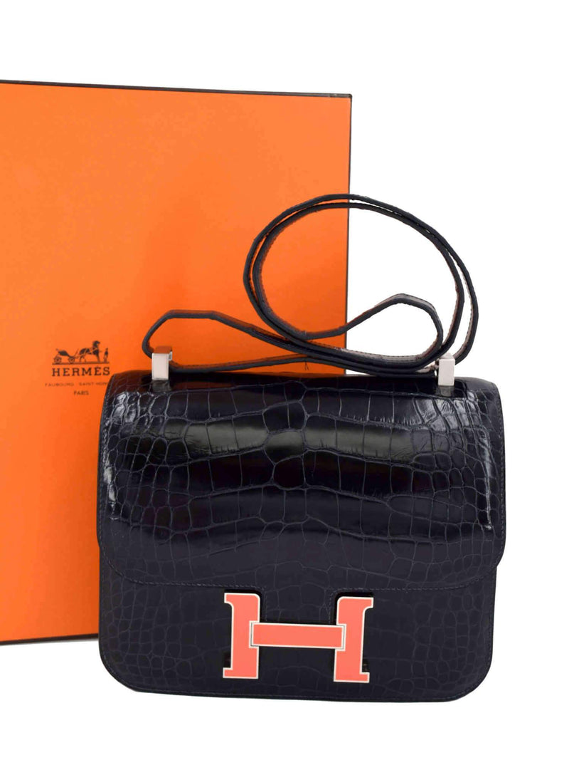 Hermes 24 Constance III Dark Blue Missi Lisse Alligator Flap Bag Palladium-designer resale
