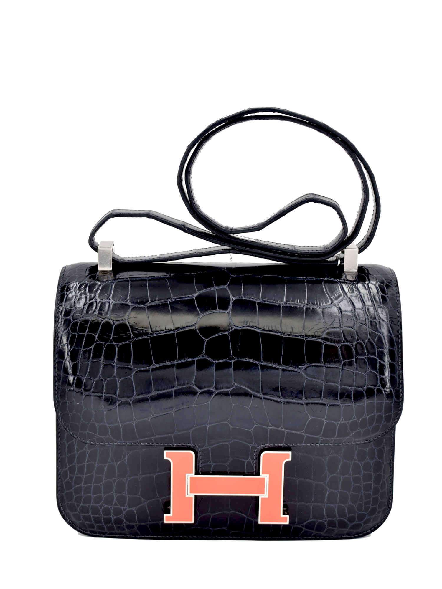Hermes 24 Constance III Dark Blue Missi Lisse Alligator Flap Bag Palladium-designer resale