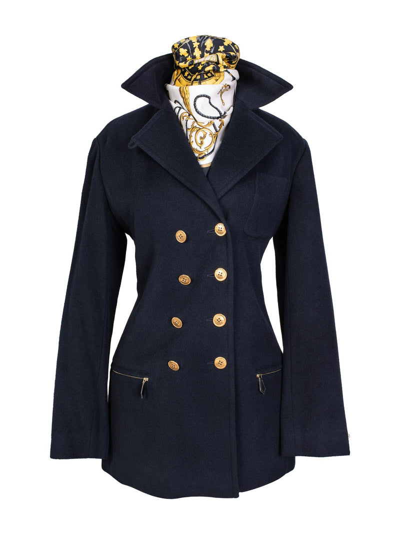 Hermes Cashmere Double Breasted Gold Medallion Coat Navy Blue-designer resale