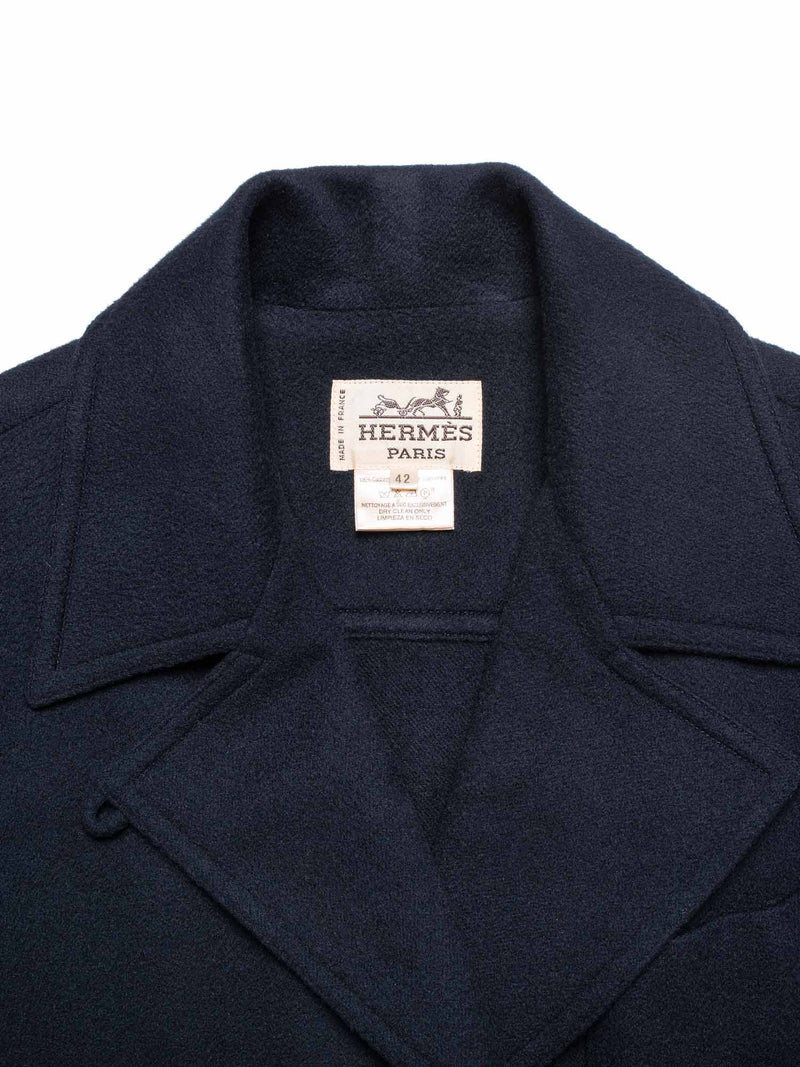 Hermes Cashmere Double Breasted Gold Medallion Coat Navy Blue-designer resale