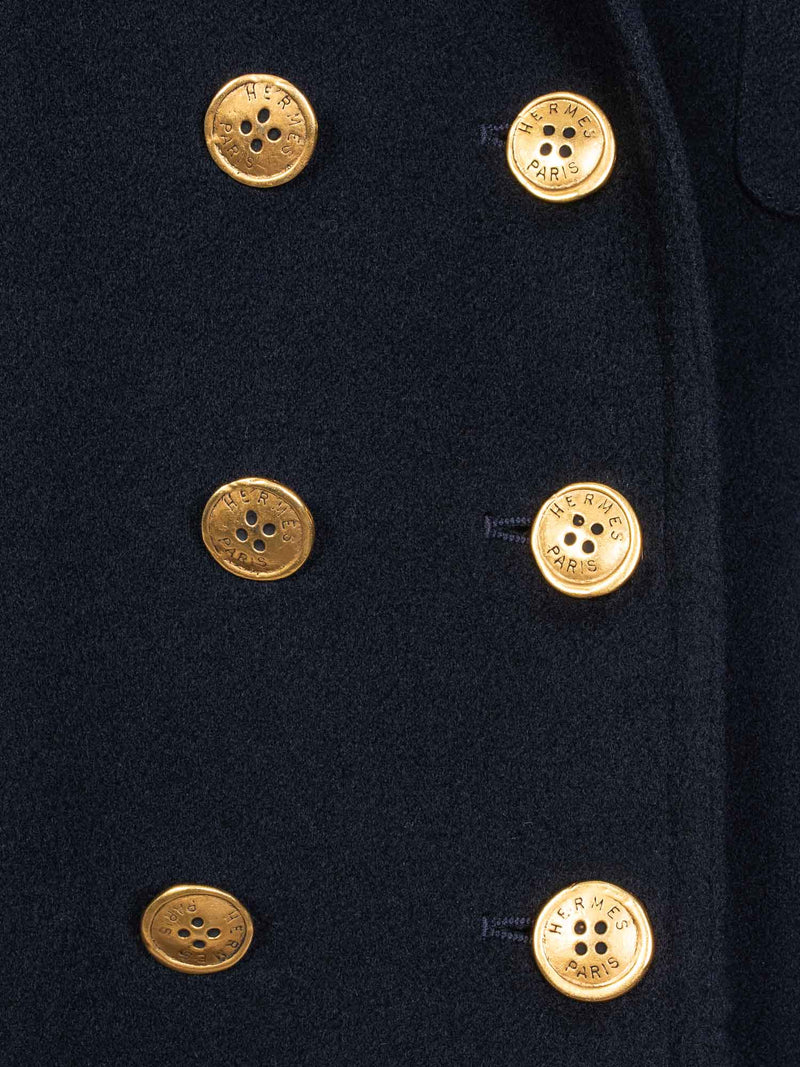Hermes Cashmere Double Breasted Gold Medallion Coat Navy Blue-designer resale