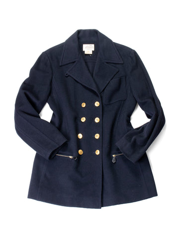 Hermes Cashmere Double Breasted Gold Medallion Coat Navy Blue-designer resale