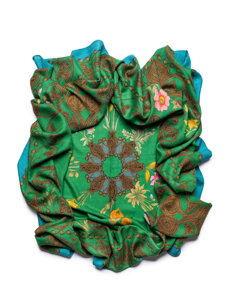 Hermes Cashmere Silk Arabesques Floral Shawl 140 Green-designer resale