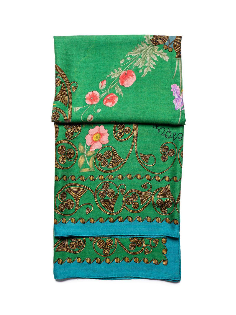 Hermes Cashmere Silk Arabesques Floral Shawl 140 Green-designer resale