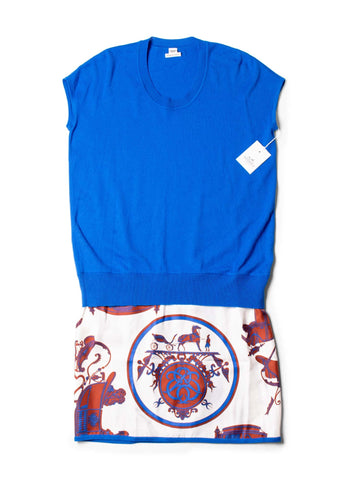 Hermes Cashmere Silk Shirt Print Dress Blue-designer resale