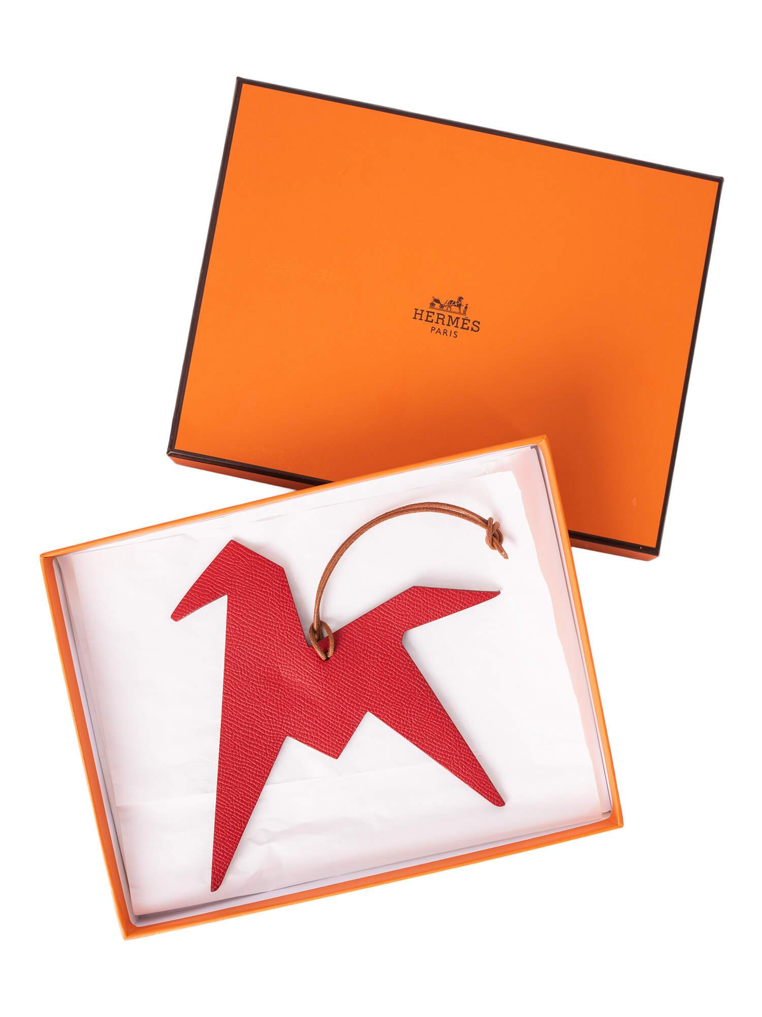 Hermes Epsom Togo Origami Pegase Horse Bag Charm Red Taupe-designer resale