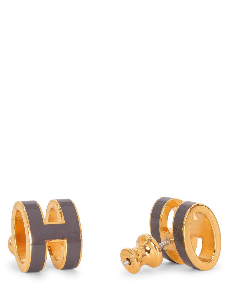 HERMES Gold Lacquered Mini Pop H Earrings Marron Glace