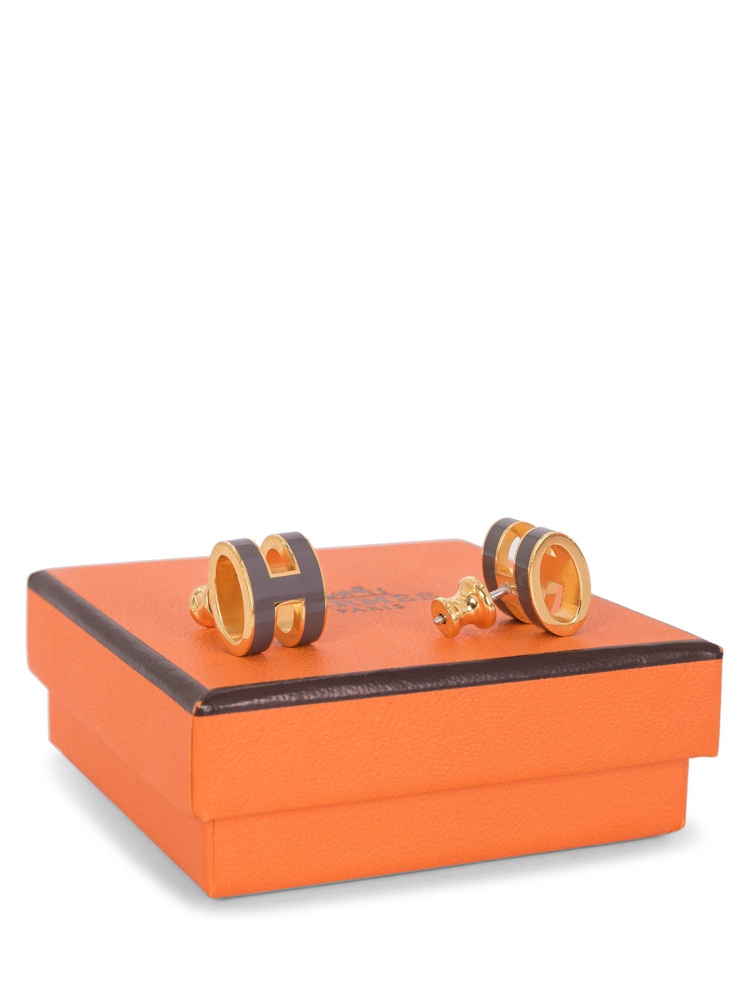 Hermes Gold Lacquered Pop H Earrings Taupe-designer resale