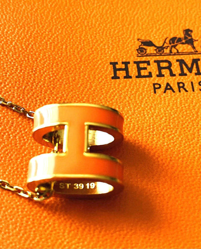Hermes Lacquered Gold Pop H Pendant Necklace Orange