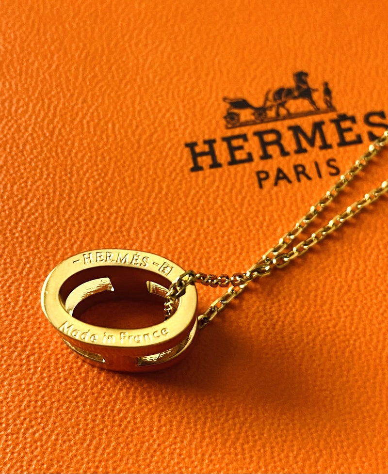 Hermes Lacquered Gold Pop H Pendant Necklace Orange-designer resale