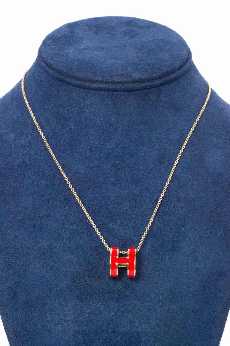 Hermes Lacquered Gold Pop H Pendant Necklace Red-designer resale