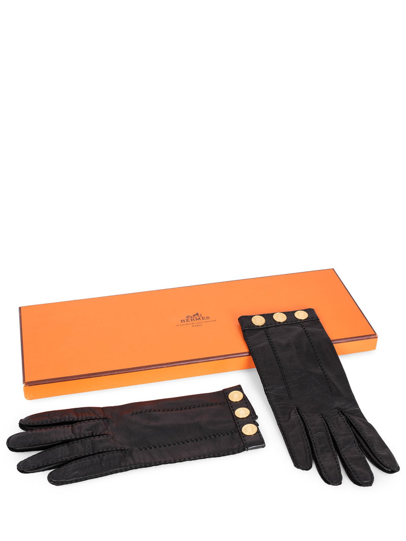 Hermes Leather Gold Medallion Gloves Black-designer resale