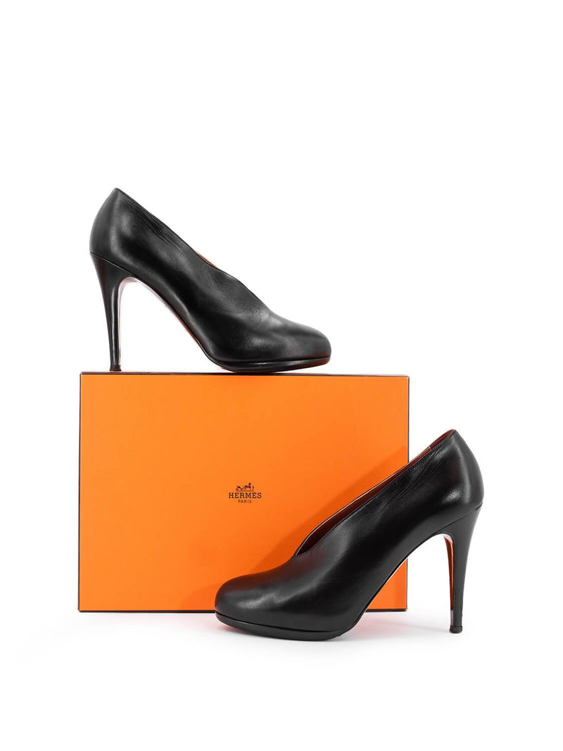 Hermes Leather Platform Pumps Black-designer resale