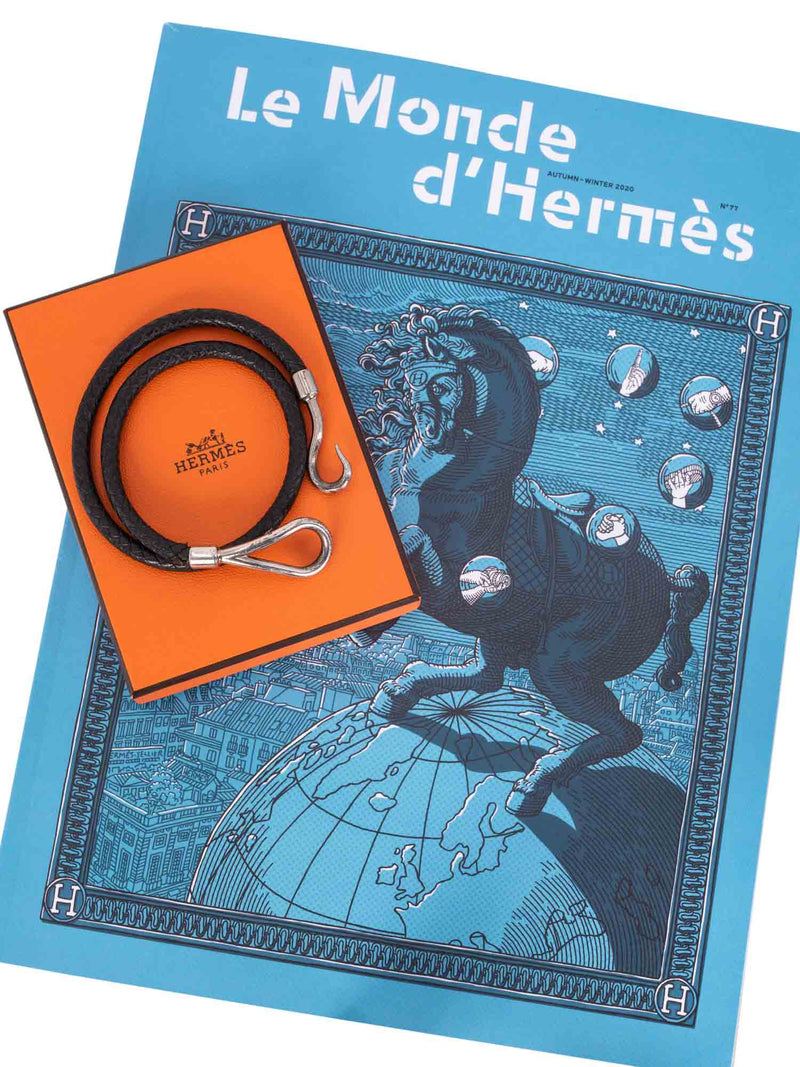 Hermes Leather Silver Hook Double Tour Bracelet Black-designer resale