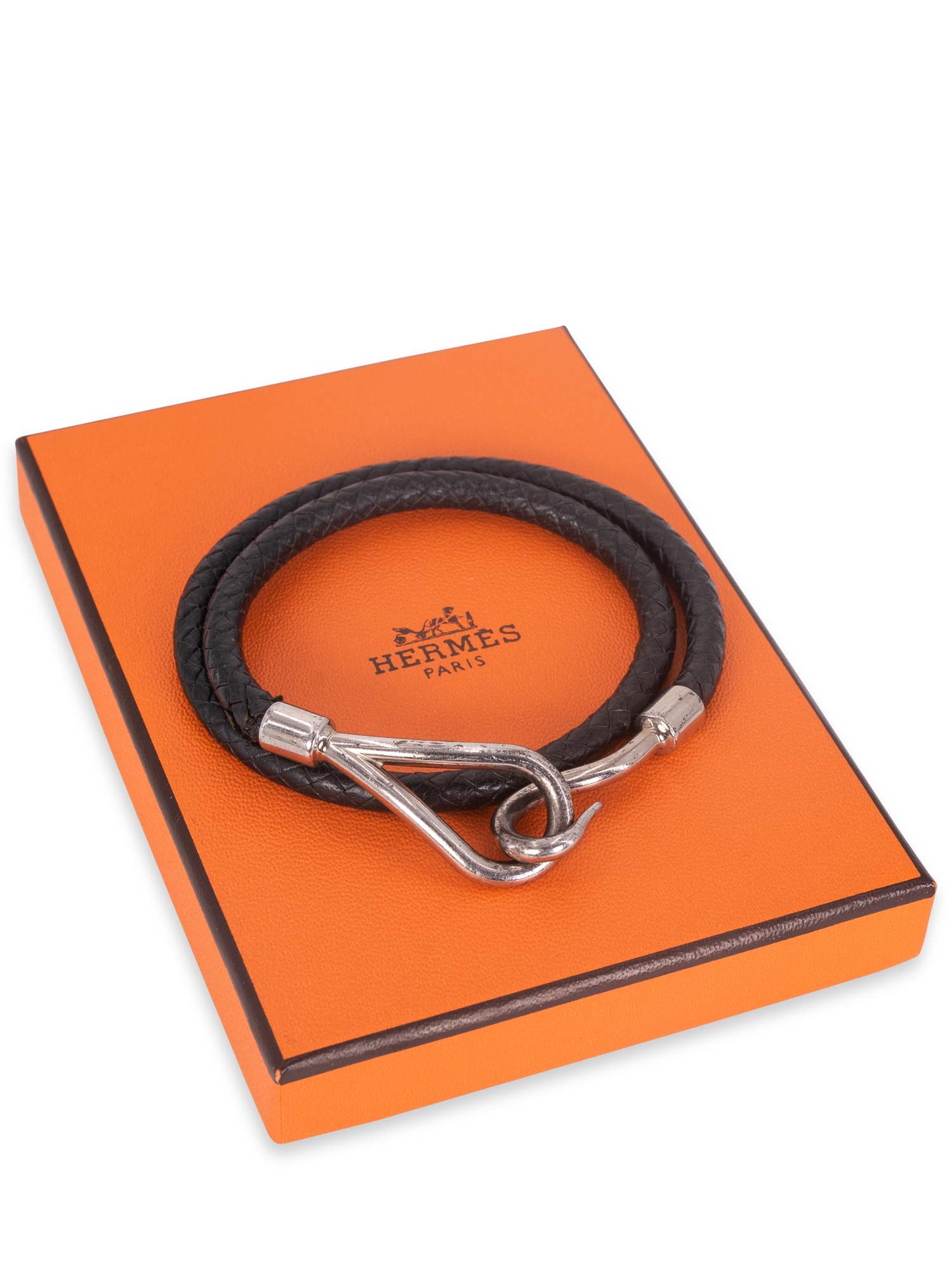 Hermes Leather Silver Hook Double Tour Bracelet Black-designer resale