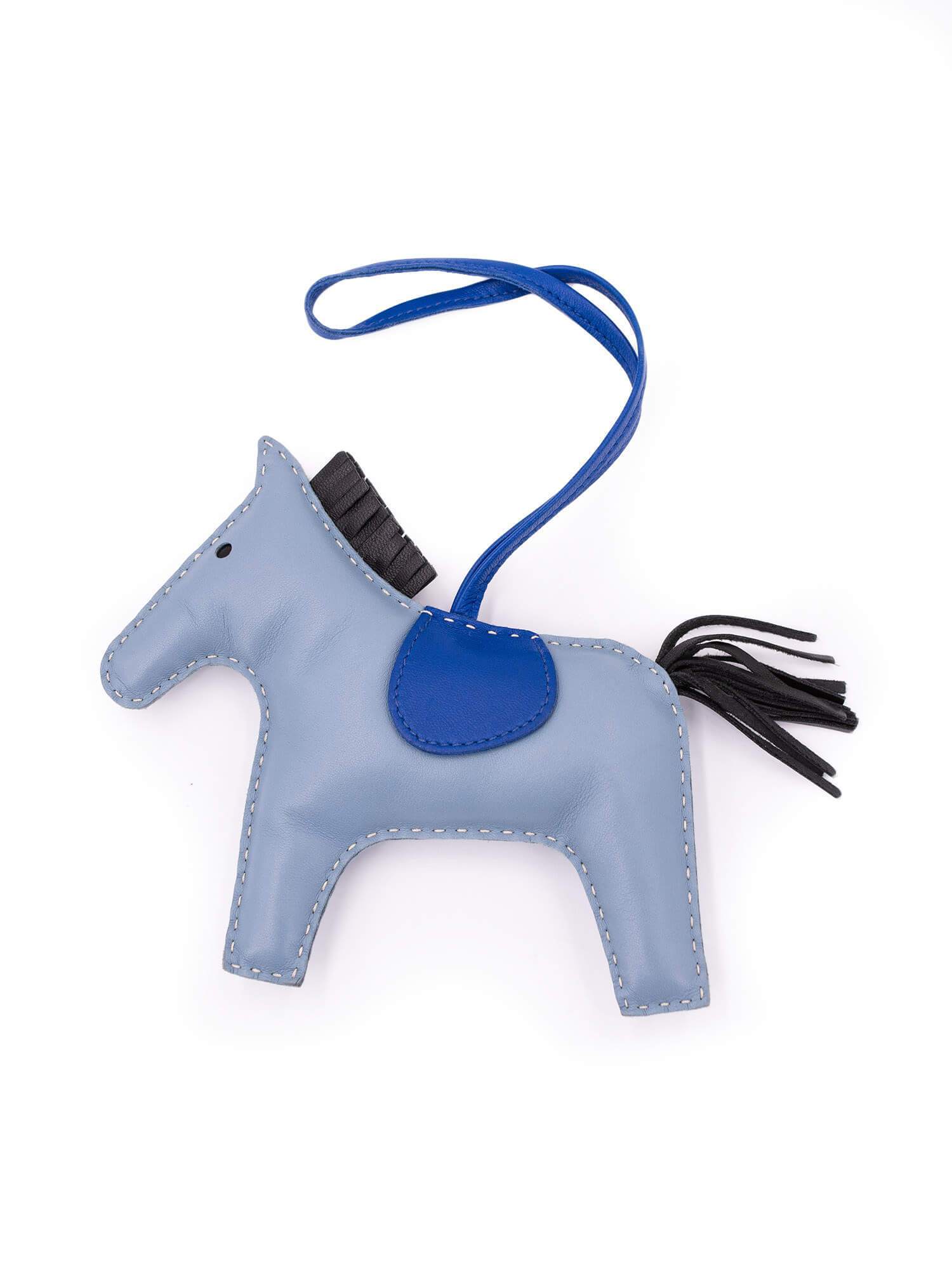 Hermes Milo Lambskin Rodeo Horse Bag Charm GM Black Blue-designer resale