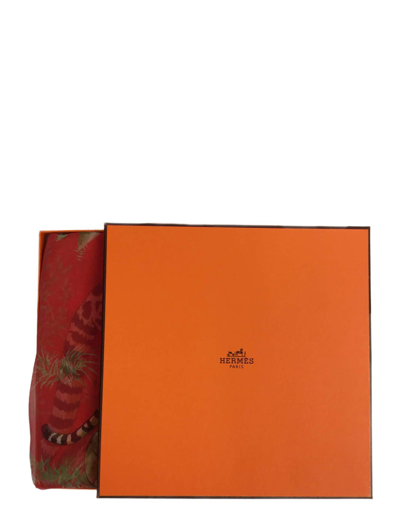 Hermes Mousseline Silk Jungle Love Stole Shawl Red-designer resale