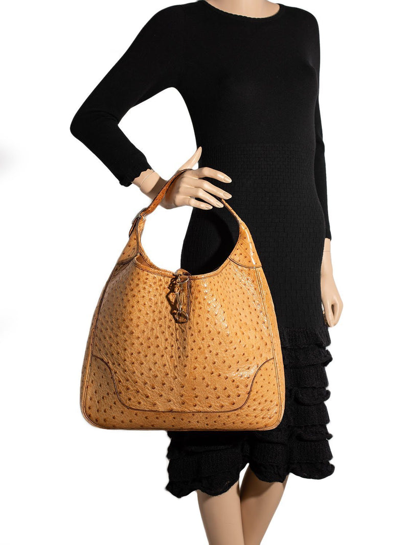 Hermes Ostrich Leather Trim 38 Shoulder Bag Tan-designer resale