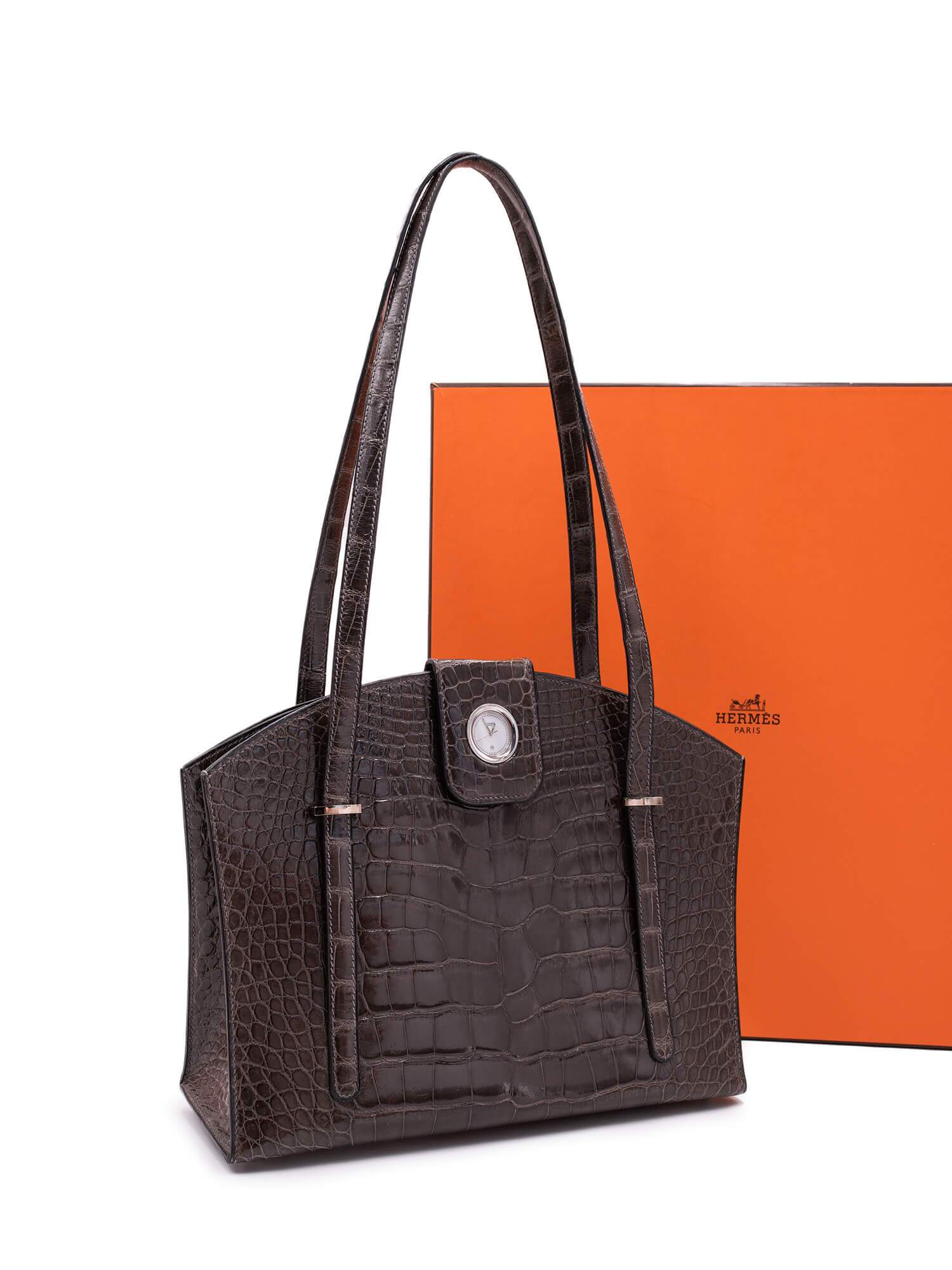 Hermes Shiny Alligator Lyn Clock Shoulder Bag Grey-designer resale
