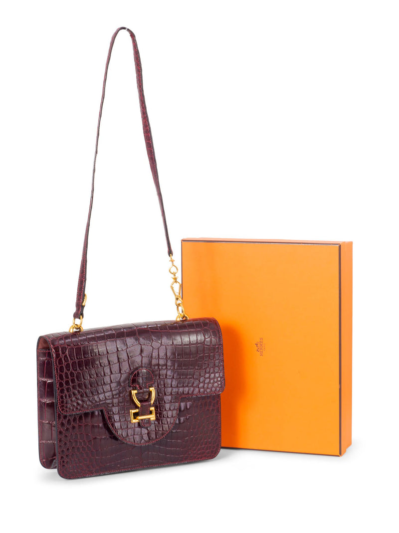 Hermes Shiny Crocodile Medium Flap Bag Burgundy-designer resale