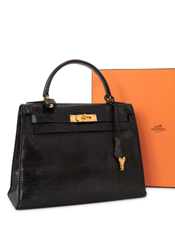 Hermes Shiny Lizard Kelly Sellier 28 Black-designer resale