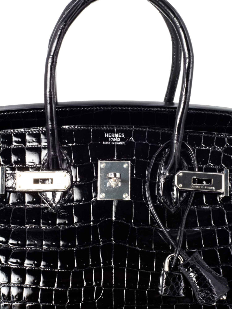 Hermes Shiny Porosus Crocodile Birkin Bag 35 Black-designer resale