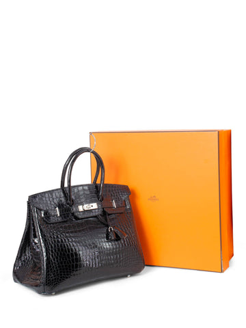Hermes Shiny Porosus Crocodile Birkin Bag 35 Black-designer resale