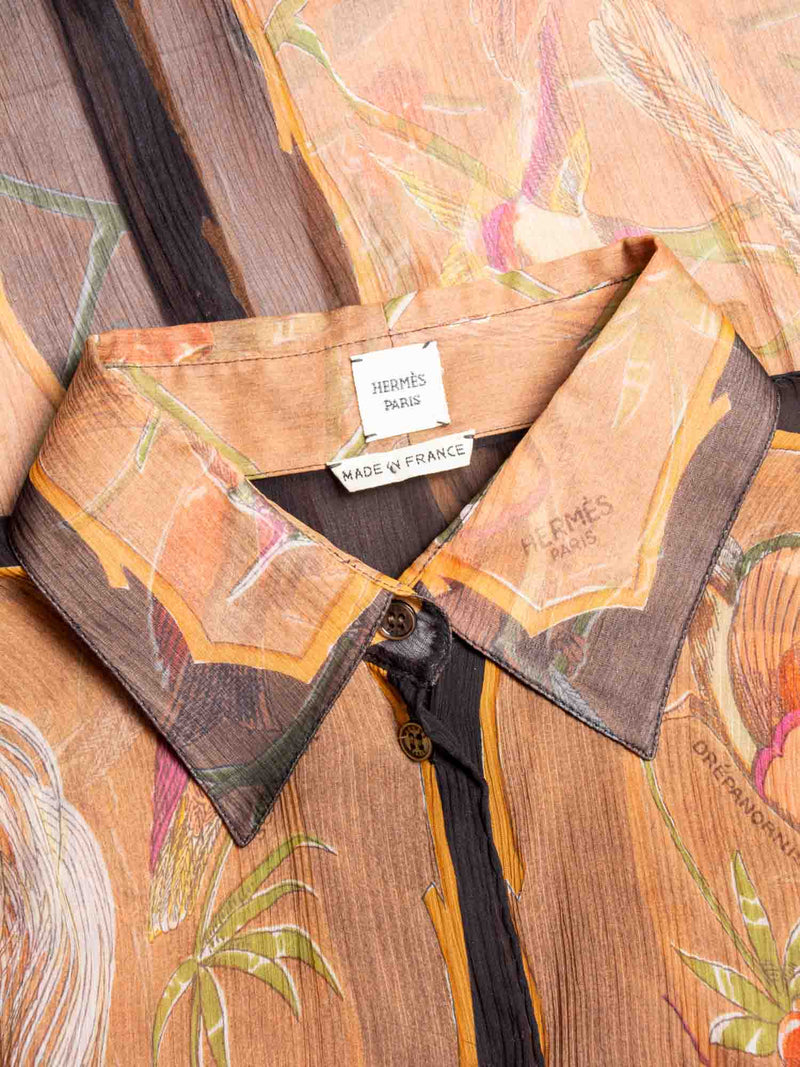 Hermes Signed Chiffon Floral Bird Short Sleeve Blouse Brown-designer resale