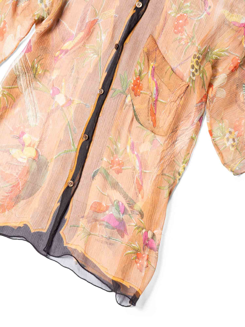 Hermes Signed Chiffon Floral Bird Short Sleeve Blouse Brown-designer resale