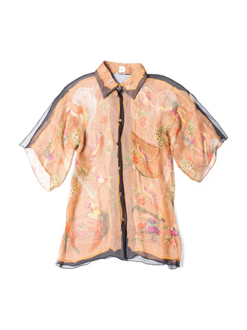 Hermes Signed Chiffon Floral Bird Short Sleeve Blouse Brown-designer resale