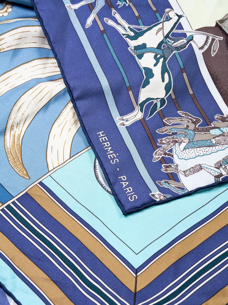 Hermes Silk Carre en Carre Tiger Horses Scarf Blue-designer resale