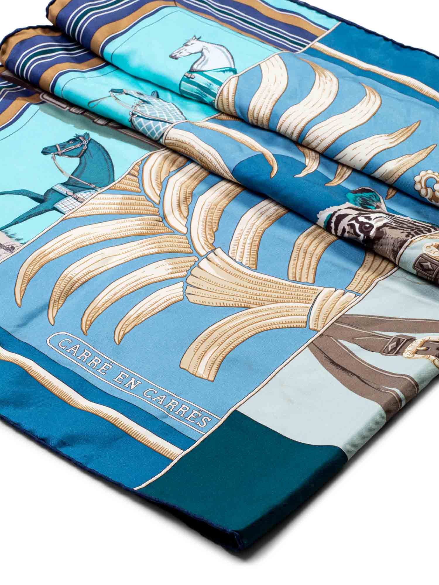 Hermes Silk Carre en Carre Tiger Horses Scarf Blue-designer resale