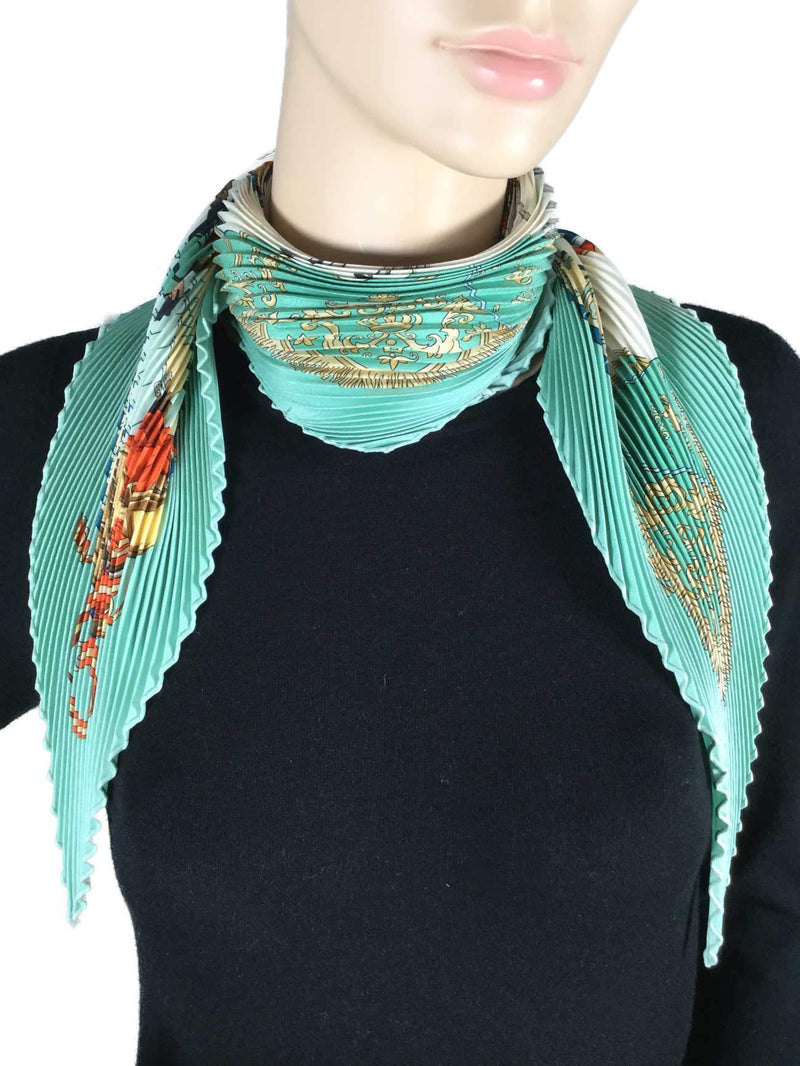 Hermes Silk Horses Pleated Scarf 90 Blue-designer resale