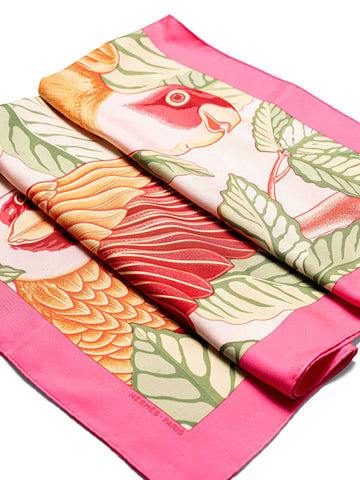 Hermes Silk Les Perroquets Parrots Scarf 90 Hot Pink-designer resale