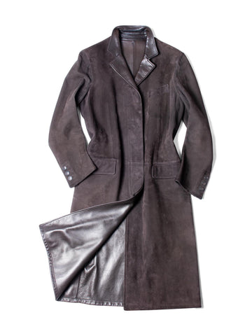 Hermes Suede Leather A-Line Fitted Coat Brown-designer resale