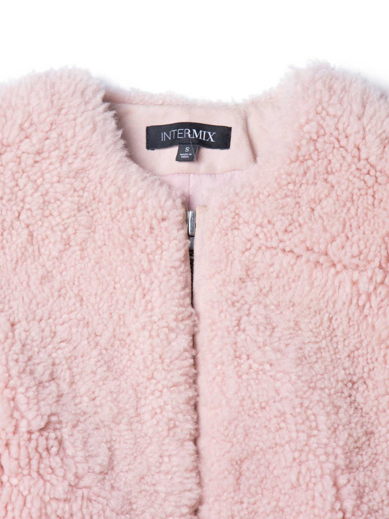 Intermix Genuine Shearling Fur Cropped Bomber Jacket Pink-designer resale